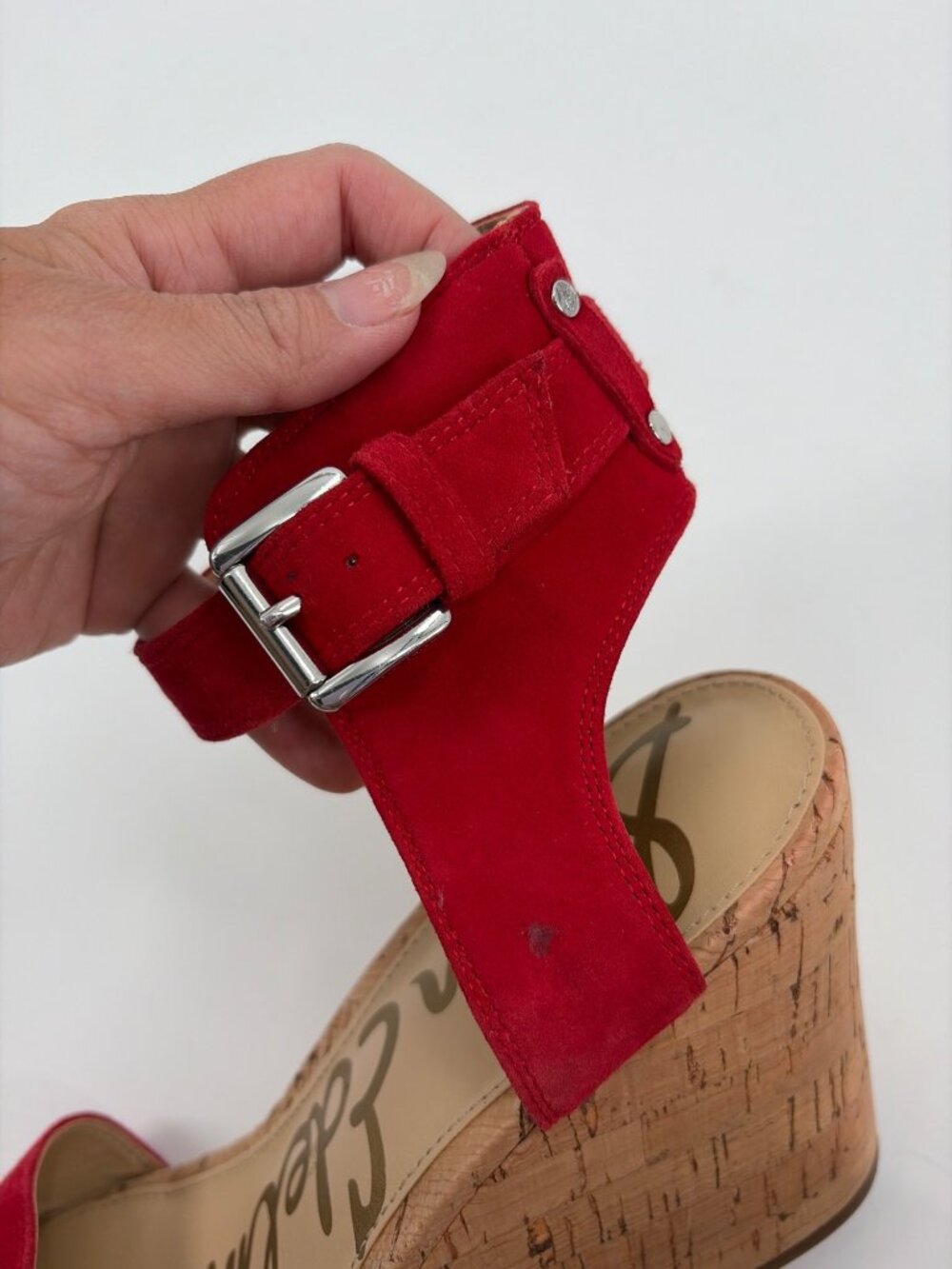 Sam Edelman Willow Womens 9.5M Red Suede Cork Wedge Sandals Ankle Strap Coastal - Picture 6 of 9